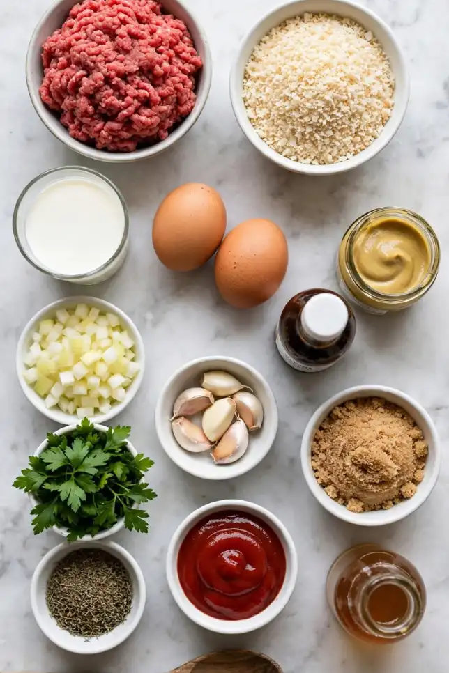 Flat lay of ground beef, panko, eggs, onion, and glaze ingredients for meatloaf on marble