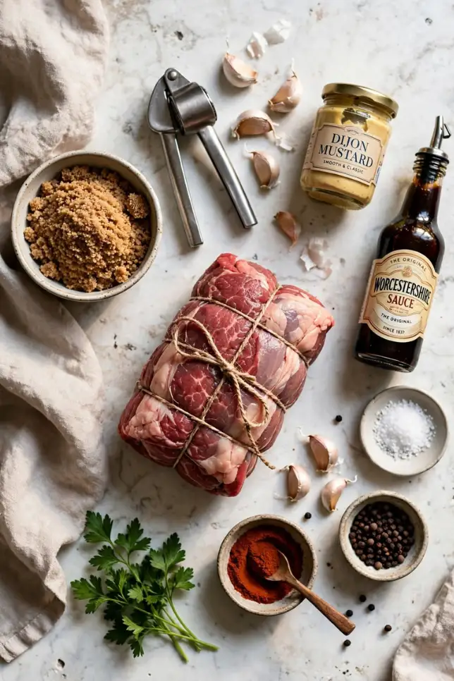 Raw beef roast, garlic, brown sugar, and seasoning ingredients laid out on a countertop
