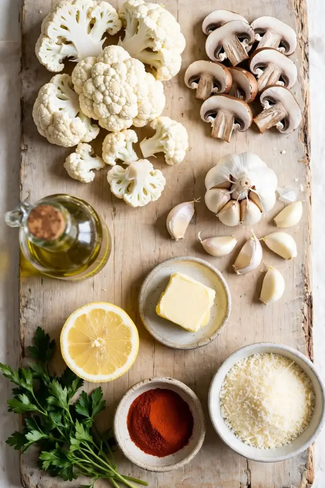 Fresh cauliflower, cremini mushrooms, garlic, butter and parsley arranged on a wooden board