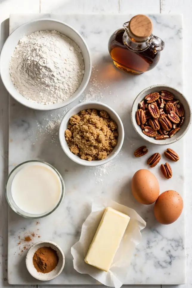 Flat lay of ingredients for maple pecan loaf cake including flour, maple syrup, and toasted pecans