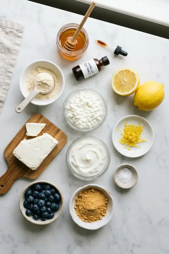 Cottage cheese, Greek yogurt, cream cheese, protein powder, lemons, honey and blueberries for lemon cheesecake bowl