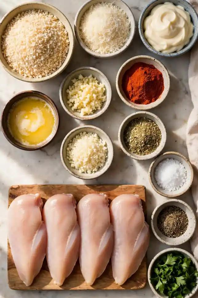 Flat lay of chicken breasts, panko, Parmesan, butter, garlic, and seasonings for baked chicken