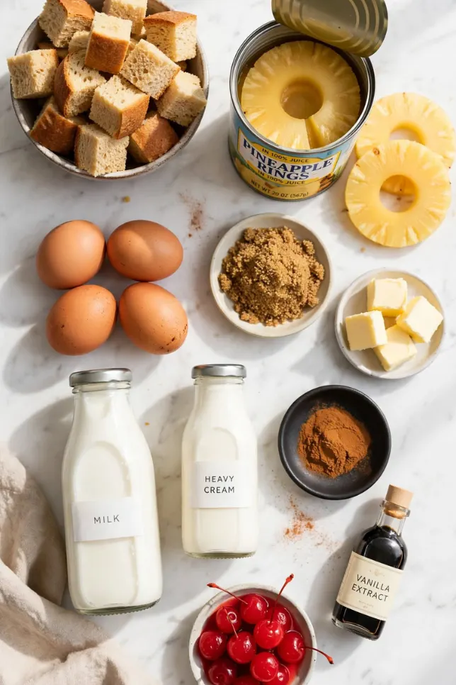Flat lay of brioche cubes, pineapple rings, brown sugar, butter, and eggs for bread pudding cake
