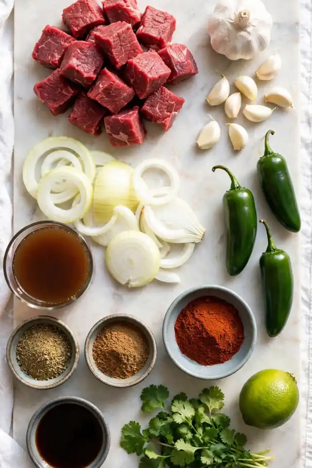 Chuck roast, garlic, jalapeños, onion, and spices for crockpot jalapeño beef