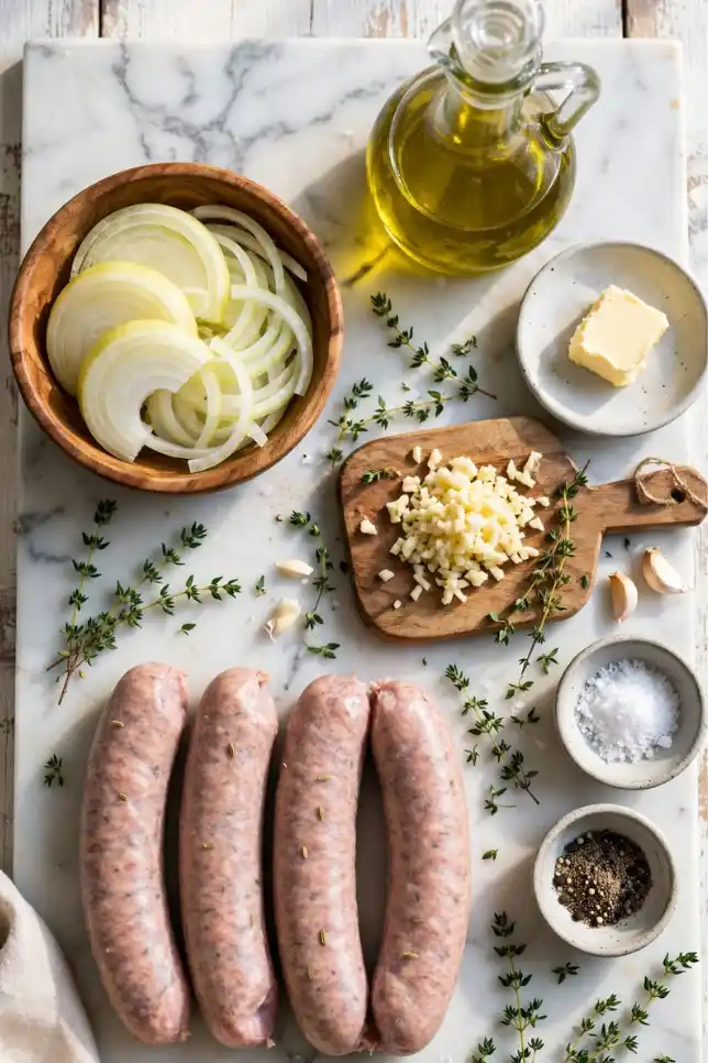Raw sausage links, sliced onions, butter, olive oil, and thyme laid out for a sheet pan recipe