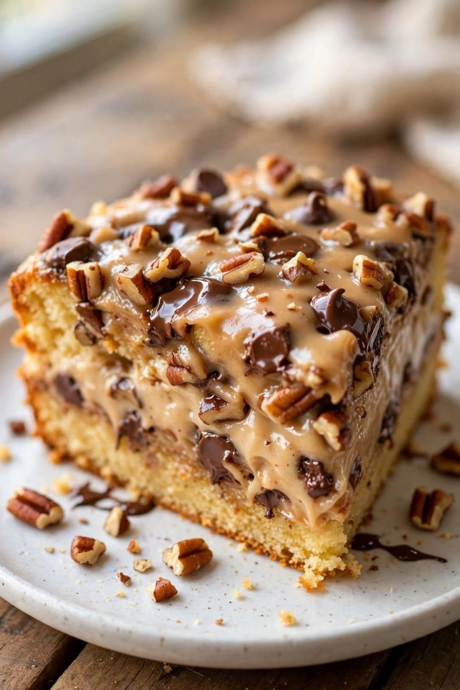 Slice of Neiman Marcus cake showing gooey cream cheese layer with pecans and chocolate chips