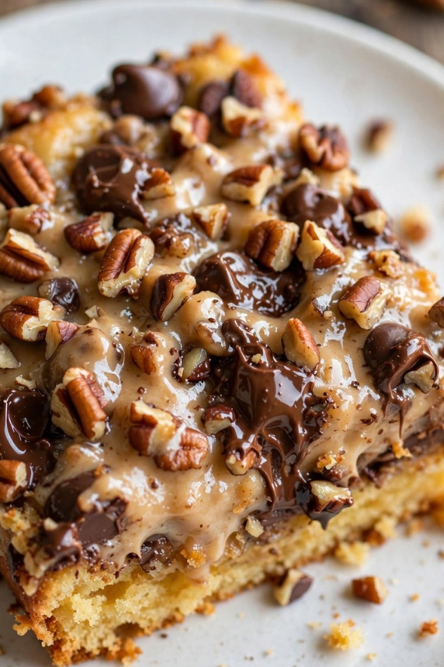 Slice of Neiman Marcus cake showing gooey cream cheese layer with pecans and chocolate chips