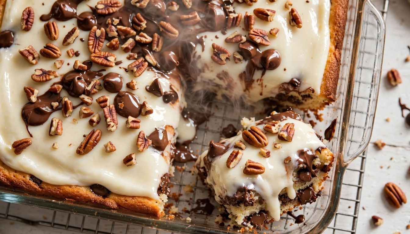Slice of Neiman Marcus cake showing gooey cream cheese layer with pecans and chocolate chips