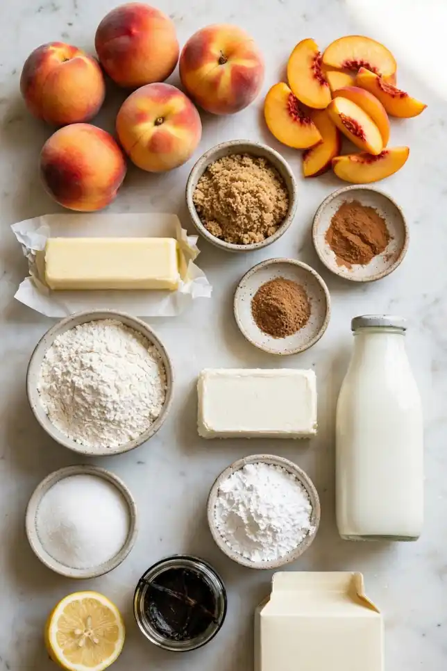 Ingredients for peach cobbler trifle including fresh peaches, brown sugar, butter, cinnamon, cream cheese, heavy cream and vanilla pudding mix