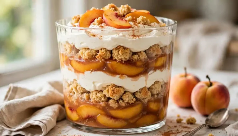 Peach cobbler trifle with vanilla cream layers in a glass trifle bowl topped with fresh peach slices