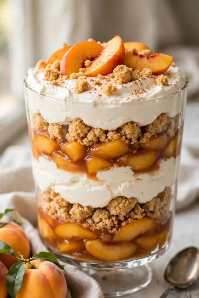 Peach cobbler trifle with vanilla cream layers in a glass trifle bowl topped with fresh peach slices