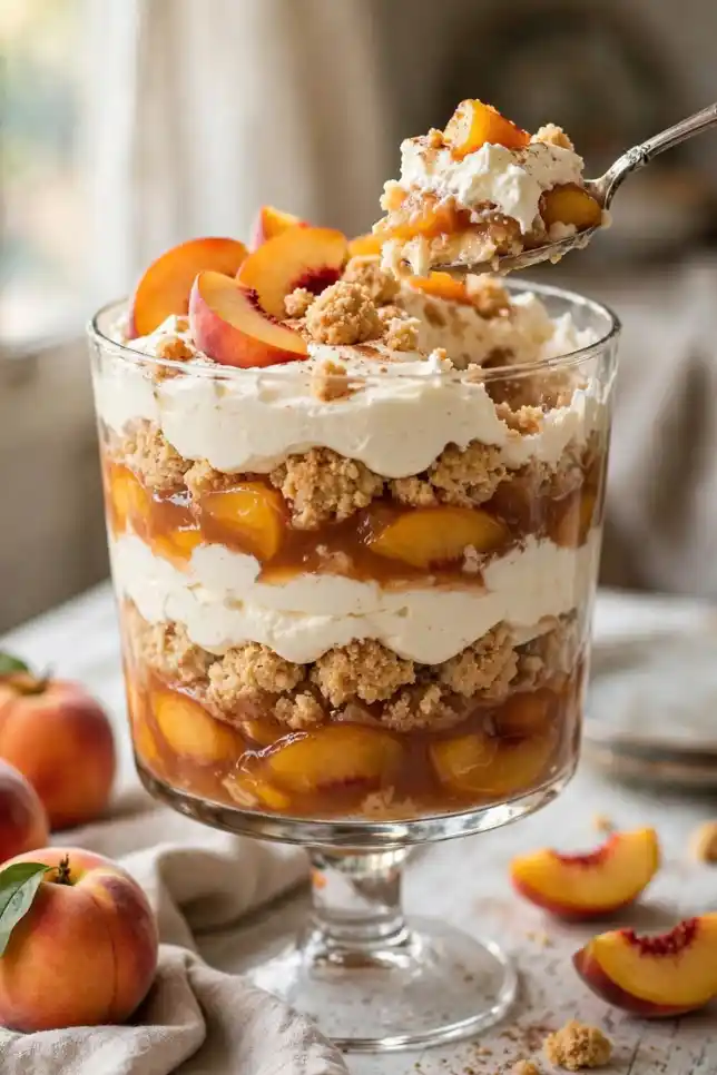 Peach cobbler trifle with vanilla cream layers in a glass trifle bowl topped with fresh peach slices