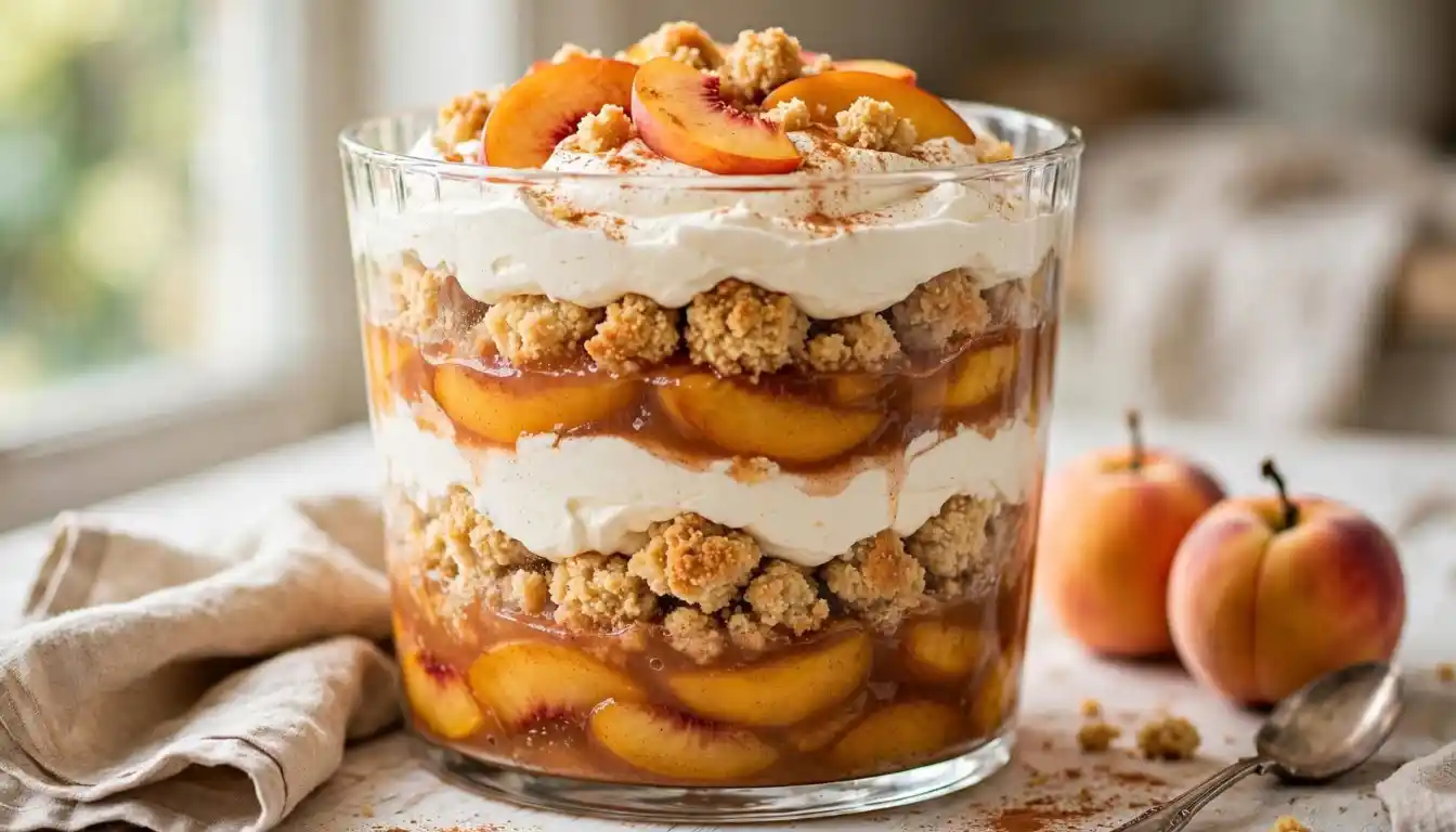 Peach cobbler trifle with vanilla cream layers in a glass trifle bowl topped with fresh peach slices