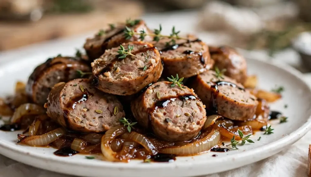Sheet pan sausage and caramelized onions on a baking sheet with golden brown onions
