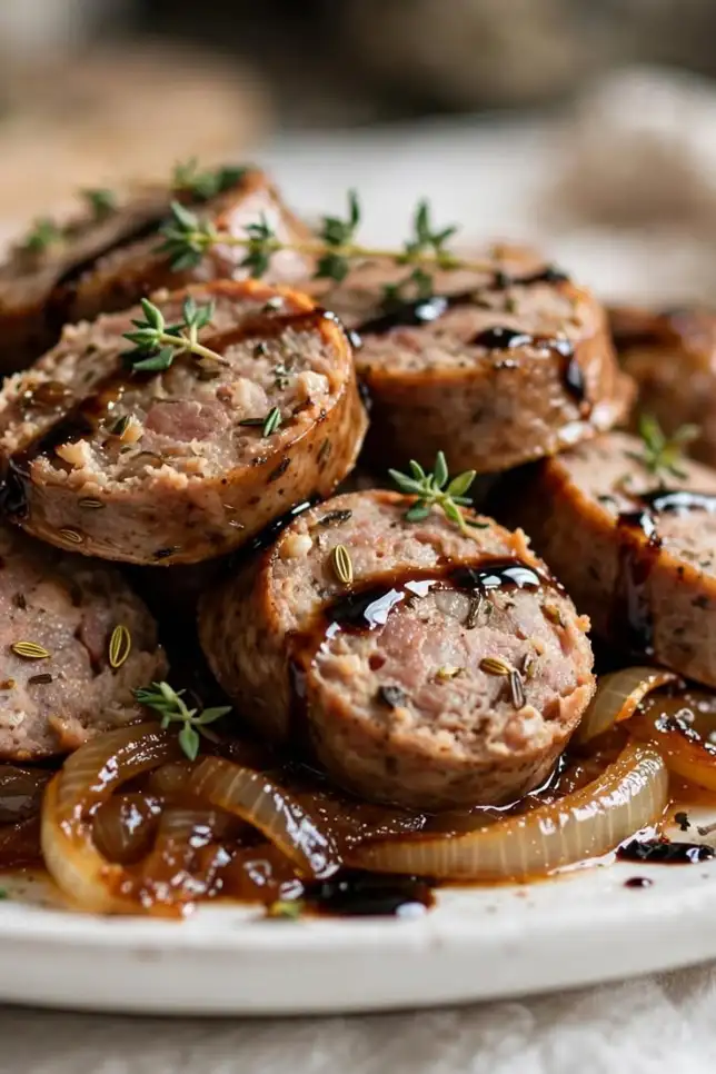Sheet pan sausage and caramelized onions on a baking sheet with golden brown onions