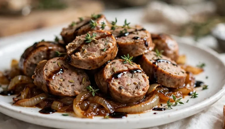 Sheet pan sausage and caramelized onions on a baking sheet with golden brown onions