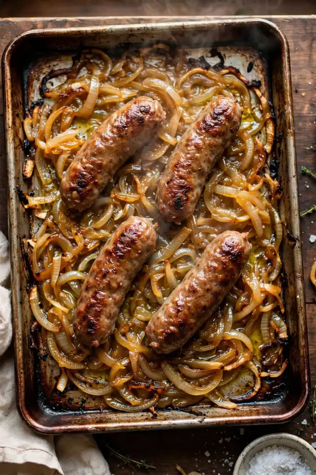 Sheet pan sausage and caramelized onions on a baking sheet with golden brown onions