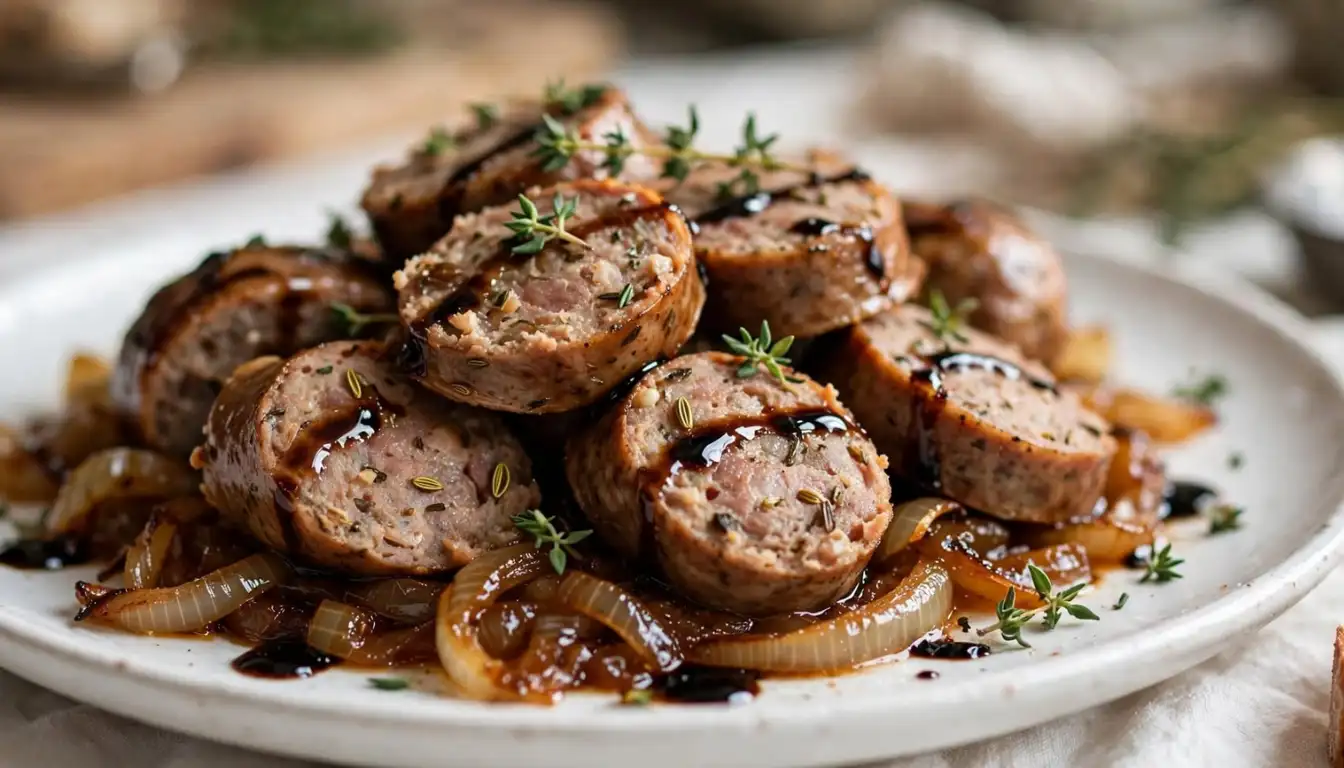 Sheet pan sausage and caramelized onions on a baking sheet with golden brown onions