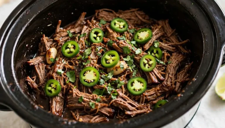 Shredded slow cooker jalapeño garlic beef topped with fresh jalapeños and cilantro