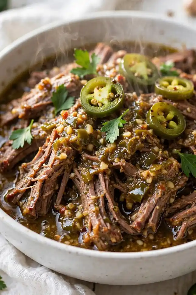 Shredded slow cooker jalapeño garlic beef topped with fresh jalapeños and cilantro
