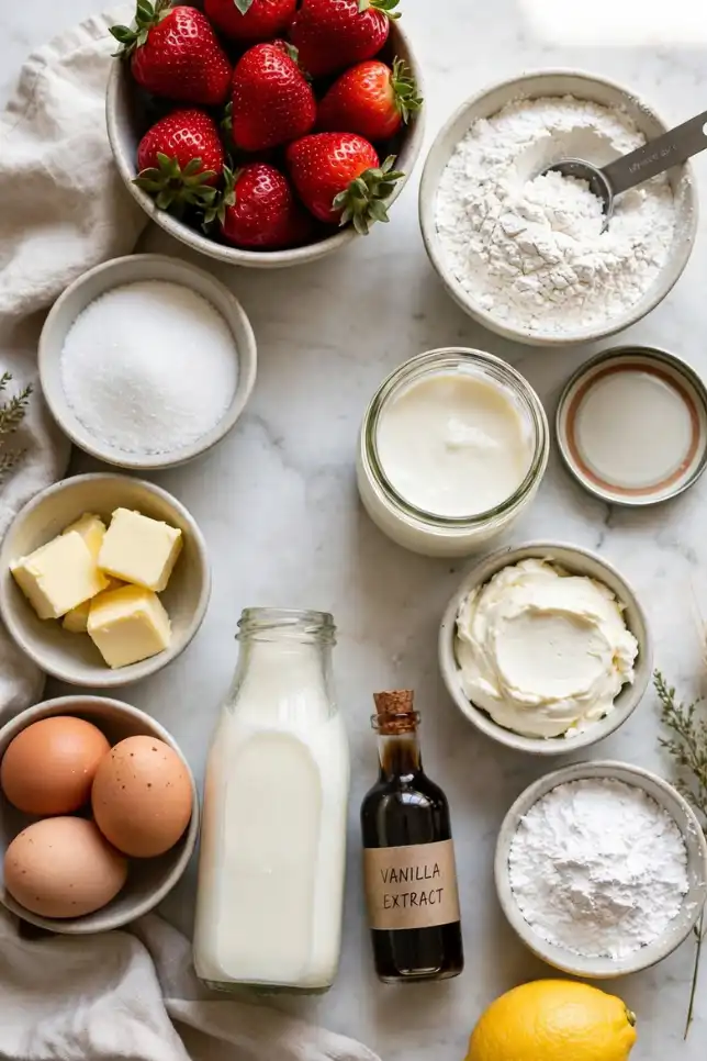 Ingredients for strawberry shortcake cake including fresh strawberries, cake flour, butter, eggs, heavy cream and cream cheese