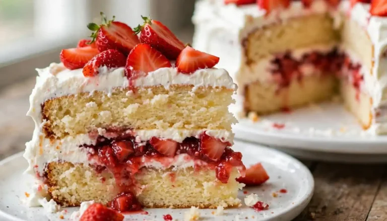Homemade strawberry shortcake cake with vanilla layers, fresh strawberries and stabilized whipped cream