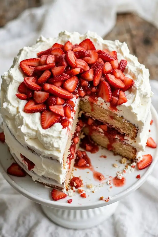 Homemade strawberry shortcake cake with vanilla layers, fresh strawberries and stabilized whipped cream