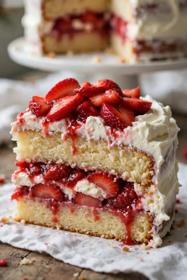 Homemade strawberry shortcake cake with vanilla layers, fresh strawberries and stabilized whipped cream