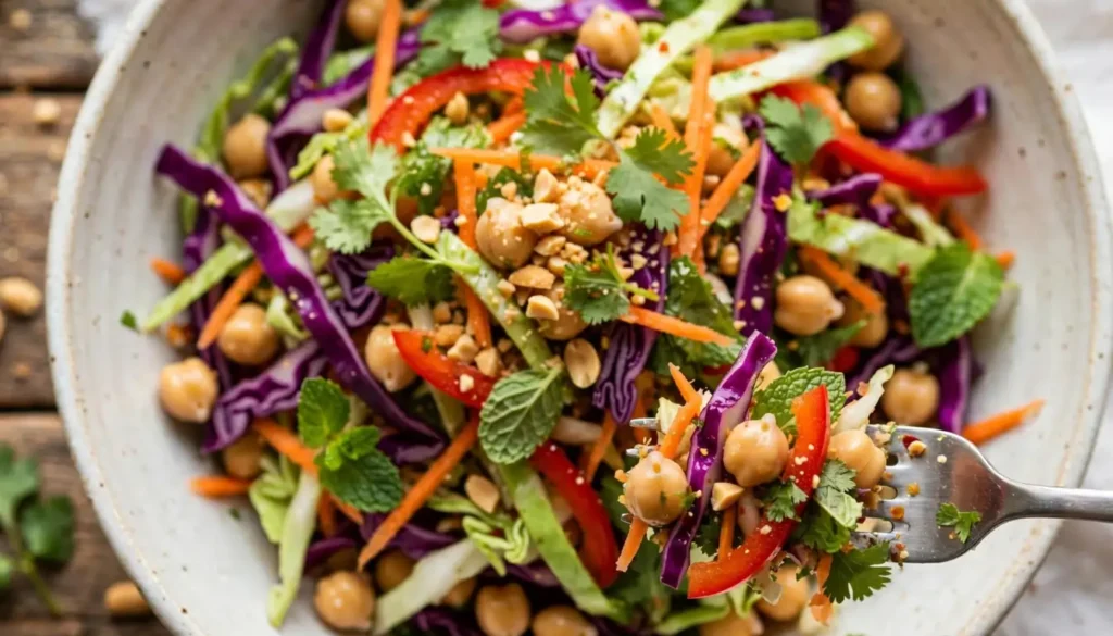 Overhead view of Thai chickpea salad with cabbage, carrots, peanuts, and herbs in a ceramic bowl