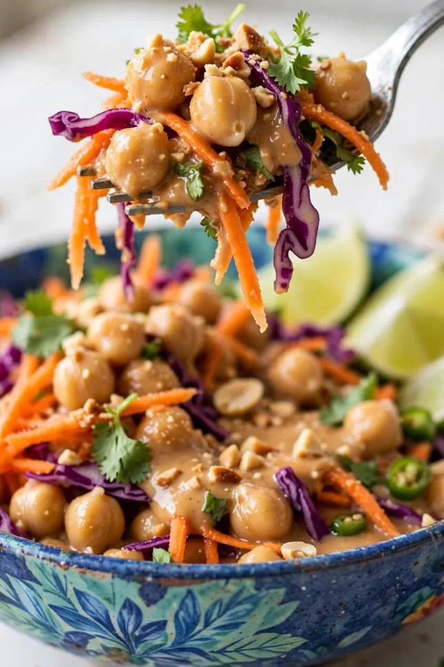 Overhead view of Thai chickpea salad with cabbage, carrots, peanuts, and herbs in a ceramic bowl