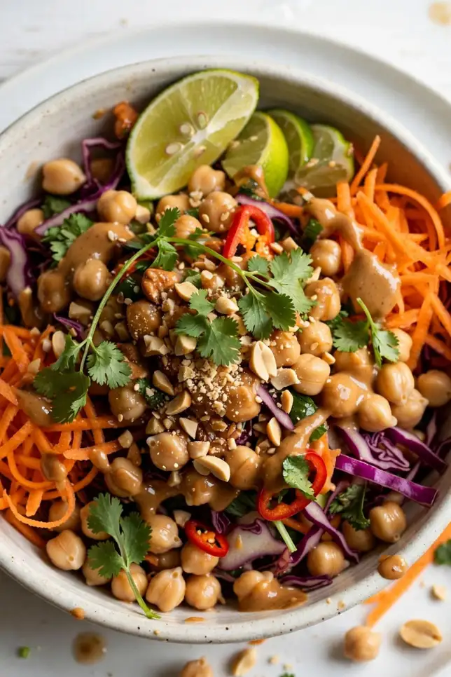 Overhead view of Thai chickpea salad with cabbage, carrots, peanuts, and herbs in a ceramic bowl