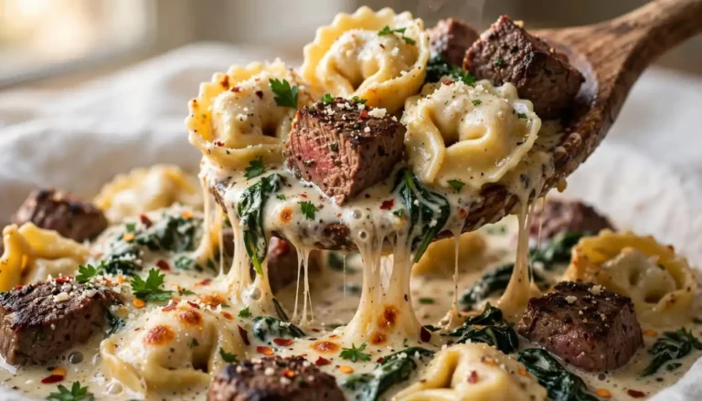 Cast iron skillet with seared steak bites and cheese tortellini in creamy garlic Parmesan sauce topped with melted mozzarella