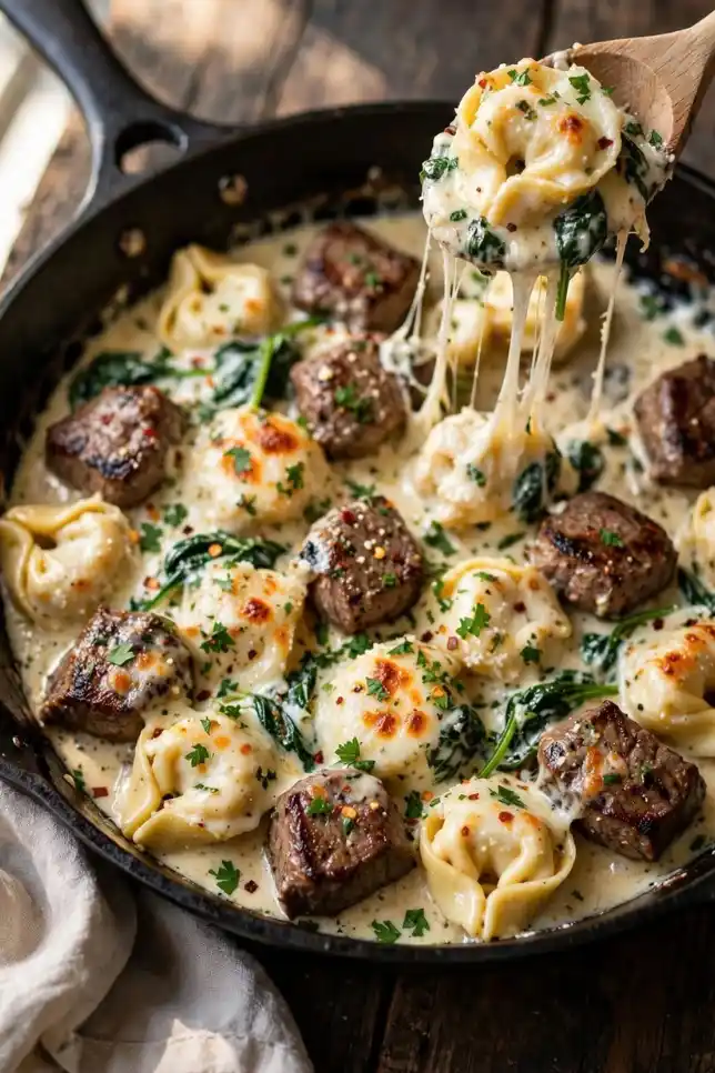 Cast iron skillet with seared steak bites and cheese tortellini in creamy garlic Parmesan sauce topped with melted mozzarella