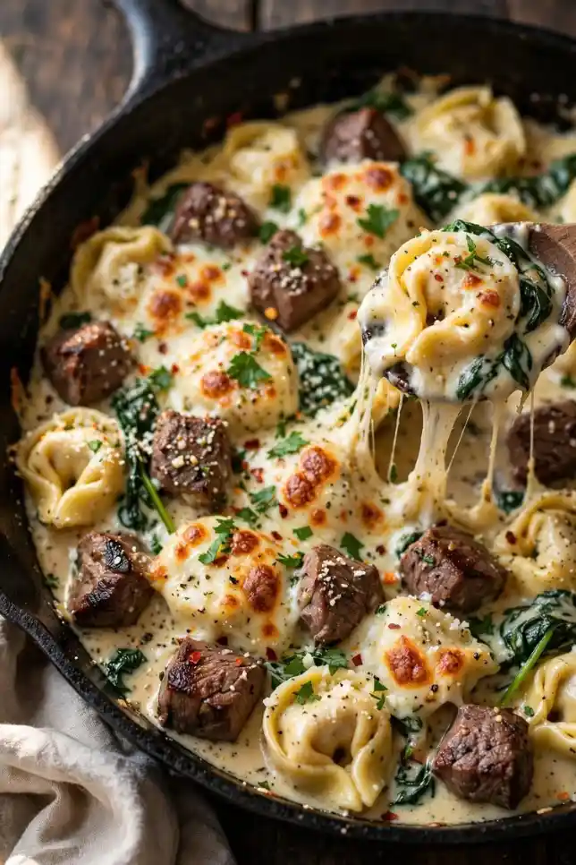 Cast iron skillet with seared steak bites and cheese tortellini in creamy garlic Parmesan sauce topped with melted mozzarella