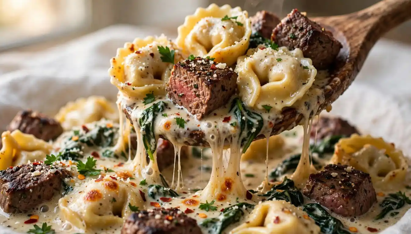 Cast iron skillet with seared steak bites and cheese tortellini in creamy garlic Parmesan sauce topped with melted mozzarella