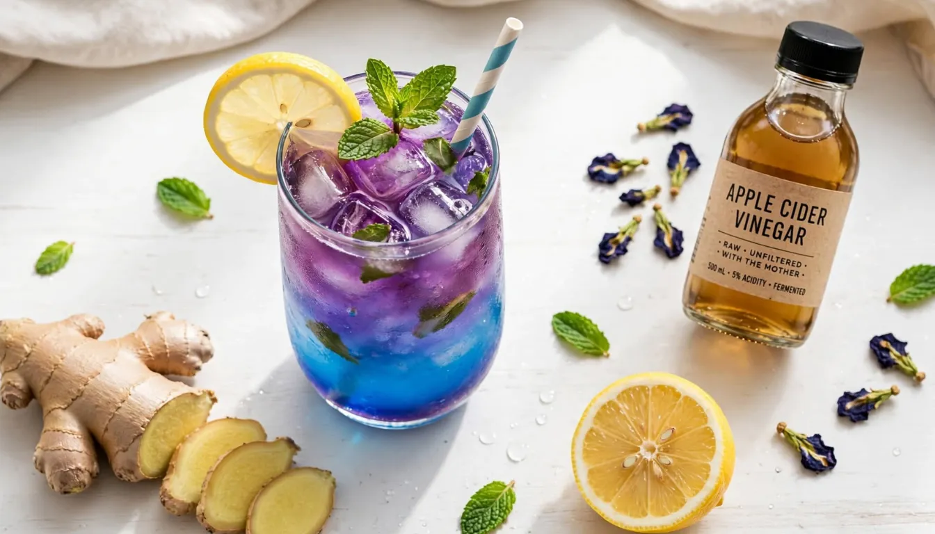 Glass of Brazilian Mounjaro drink with lemon, ginger, and apple cider vinegar