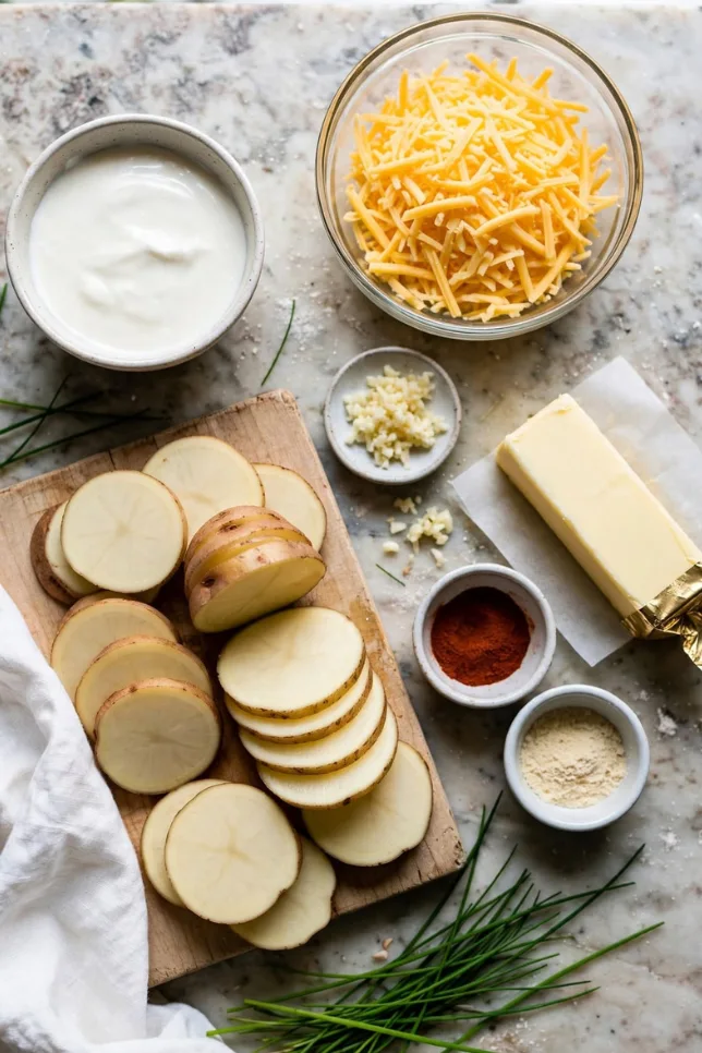 Ingredients for creamy pour-over baked potatoes including sliced potatoes, cream, cheddar cheese, and garlic