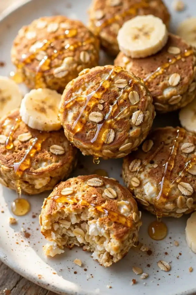 Banana oat cottage cheese pancake bites on a white plate topped with honey and cinnamon