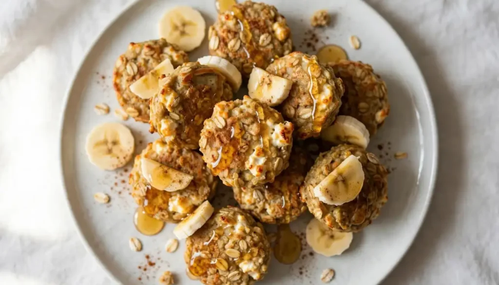 Banana oat cottage cheese pancake bites on a white plate topped with honey and cinnamon