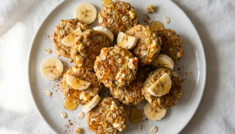 Banana oat cottage cheese pancake bites on a white plate topped with honey and cinnamon
