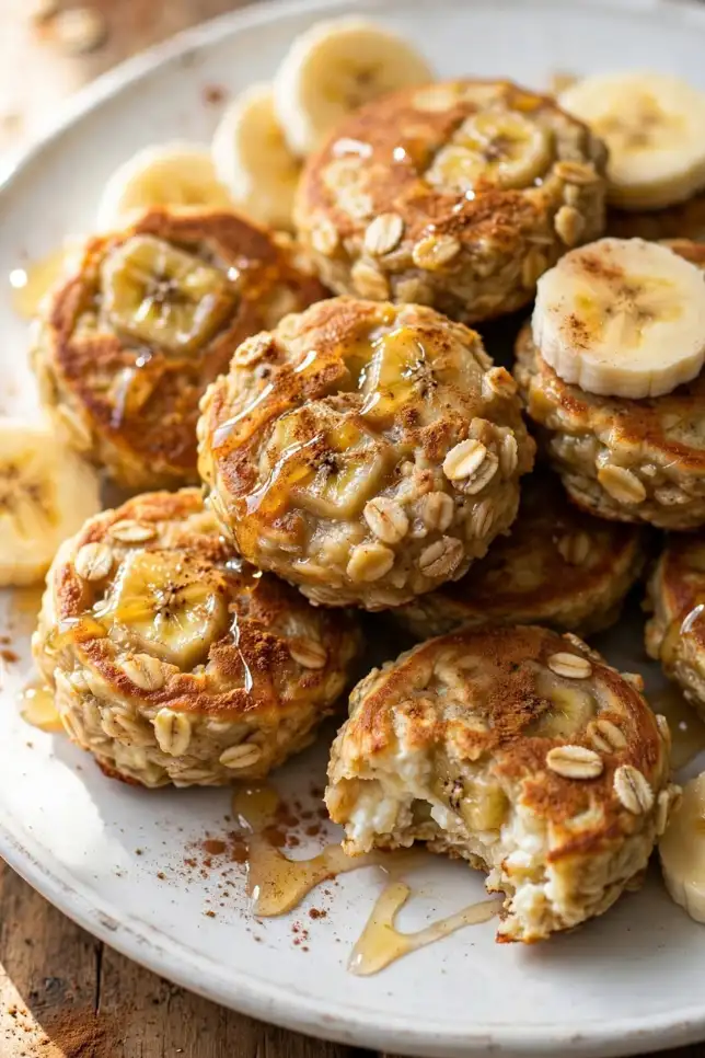 Banana oat cottage cheese pancake bites on a white plate topped with honey and cinnamon