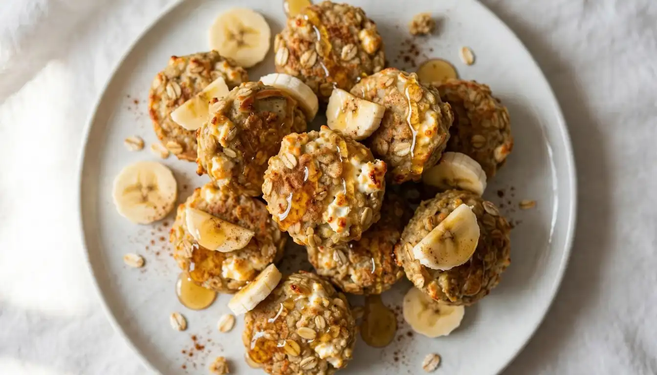Banana oat cottage cheese pancake bites on a white plate topped with honey and cinnamon