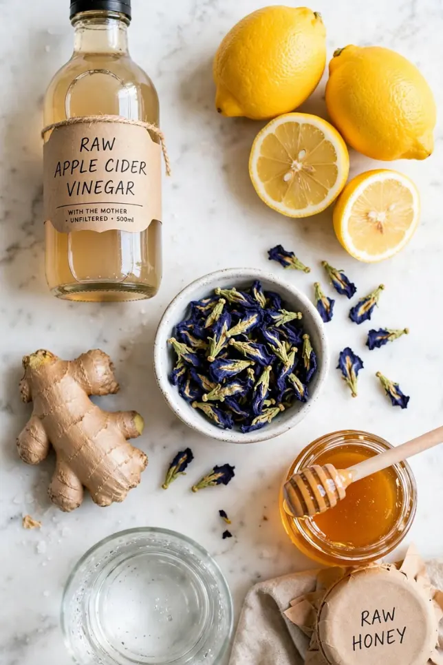 Ingredients for Brazilian Mounjaro drink including apple cider vinegar, lemon, ginger, and butterfly pea flower