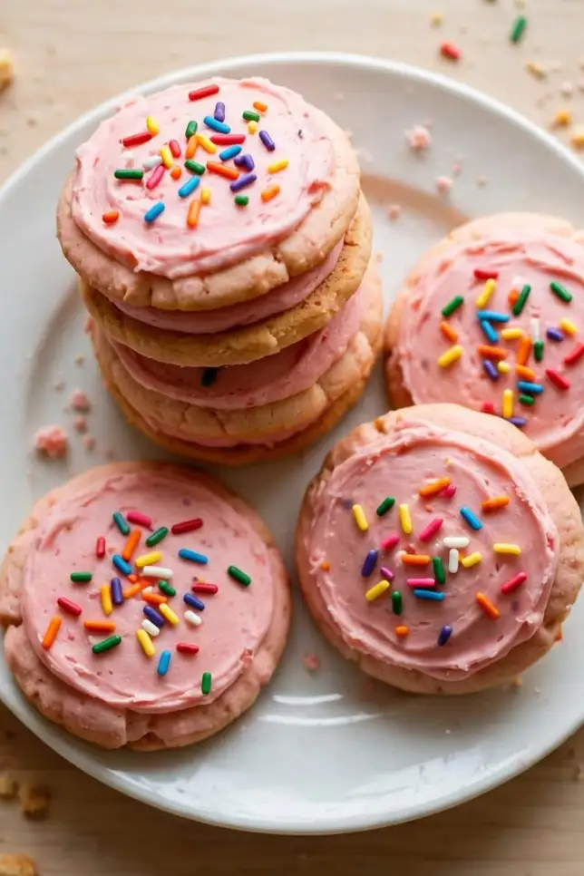 Pink frosted Chicago Public School butter cookies with rainbow sprinkles on a white plate