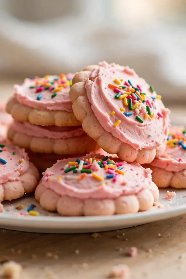 Pink frosted Chicago Public School butter cookies with rainbow sprinkles on a white plate