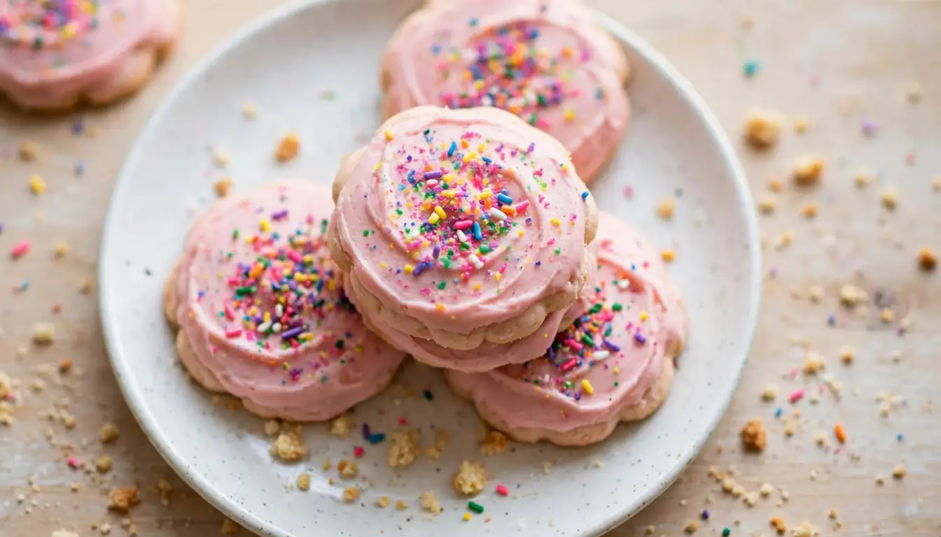 Pink frosted Chicago Public School butter cookies with rainbow sprinkles on a white plate