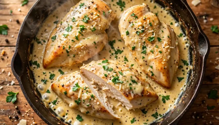 Church Lady Creamy Parmesan Chicken in a skillet with golden seared chicken breasts in a rich Parmesan cream sauce