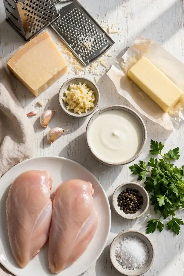 Flat lay of ingredients for Creamy Parmesan Chicken including chicken breasts, Parmesan cheese, heavy cream, garlic, and butter