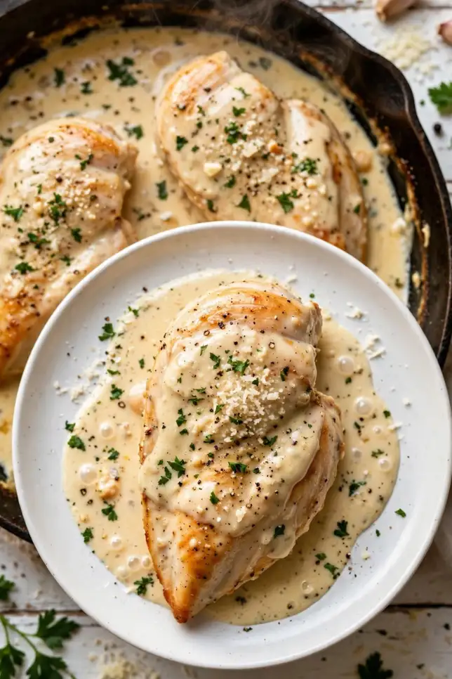 Church Lady Creamy Parmesan Chicken in a skillet with golden seared chicken breasts in a rich Parmesan cream sauce