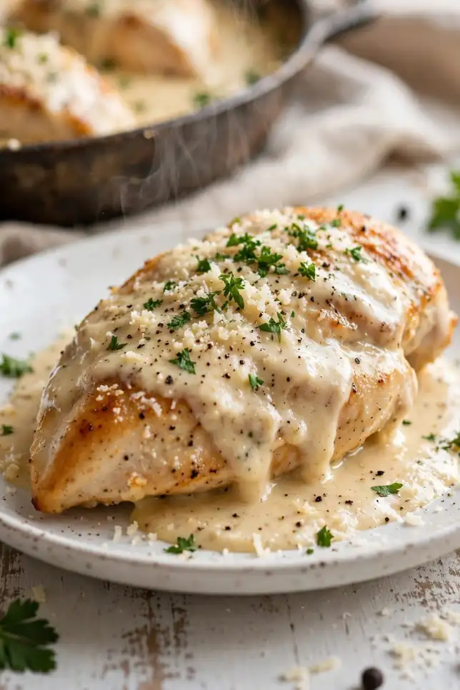 Church Lady Creamy Parmesan Chicken in a skillet with golden seared chicken breasts in a rich Parmesan cream sauce